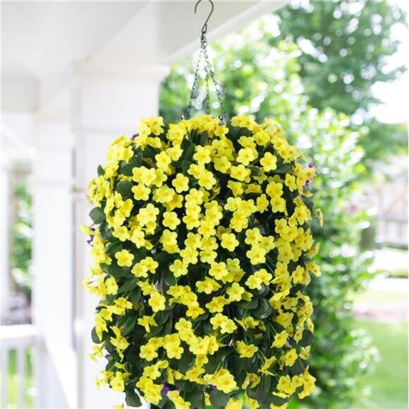 Artificial Fake Hanging Outdoor Flowers Plants Basket, Faux Silk Yellow Orchid - Picture 2 of 7
